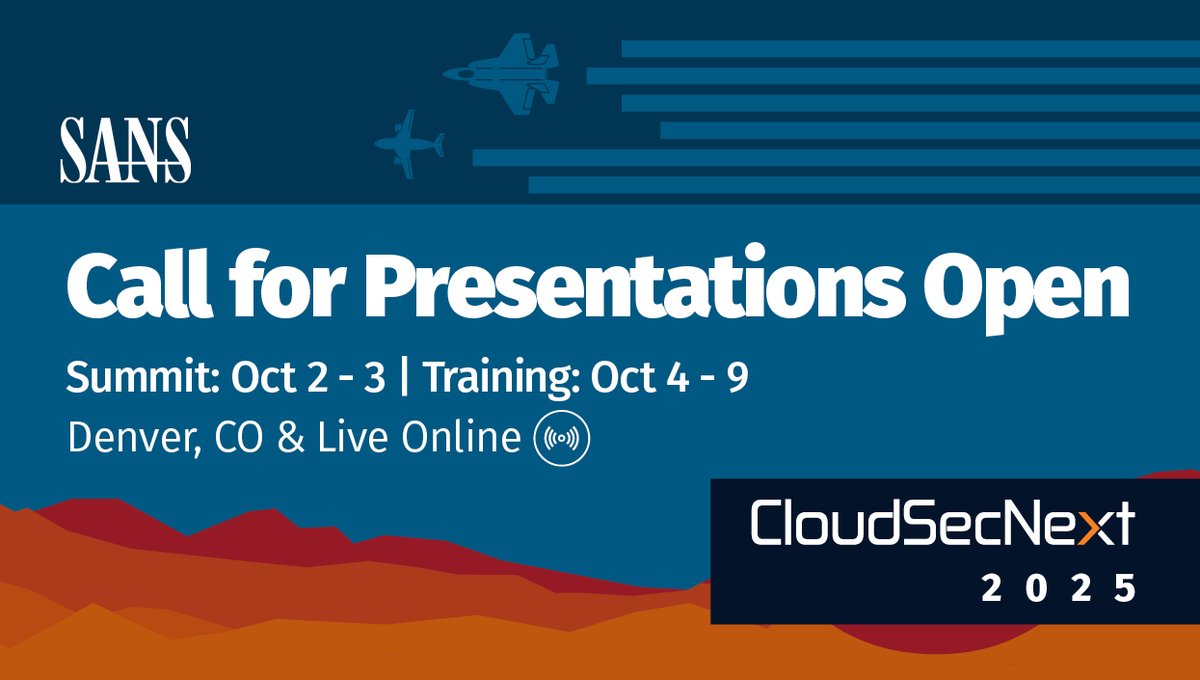 SANS Cloud Security (@sanscloudsec) on Twitter photo SANS #CloudSecNextSummit Call for Presentations is Open! If you have case studies on #CloudSecurity monitoring and #ThreatDetection & lessons learned, <a href="/fykim/">Frank Kim</a> @emjohn20 & <a href="/BaileyBercik/">Bailey Bercik - @baileybercik@infosec.exchange</a> are ready to consider your talk!
📩 Submit your proposal by May 16: summiturl.com/cloudsecnext-c… SANS #CloudSecNextSummit Call for Presentations is Open! If you have case studies on #CloudSecurity monitoring and #ThreatDetection & lessons learned, <a href="/fykim/">Frank Kim</a> @emjohn20 & <a href="/BaileyBercik/">Bailey Bercik - @baileybercik@infosec.exchange</a> are ready to consider your talk!
📩 Submit your proposal by May 16: summiturl.com/cloudsecnext-c…
