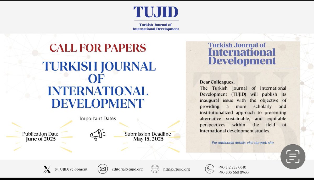 Final Call for Submissions!
I sincerely invite you to submit your manuscript for the inaugural issue of the Turkish Journal of International Development, which I co-edit. The submission deadline is 15 May.
For more information: tujid.org/about