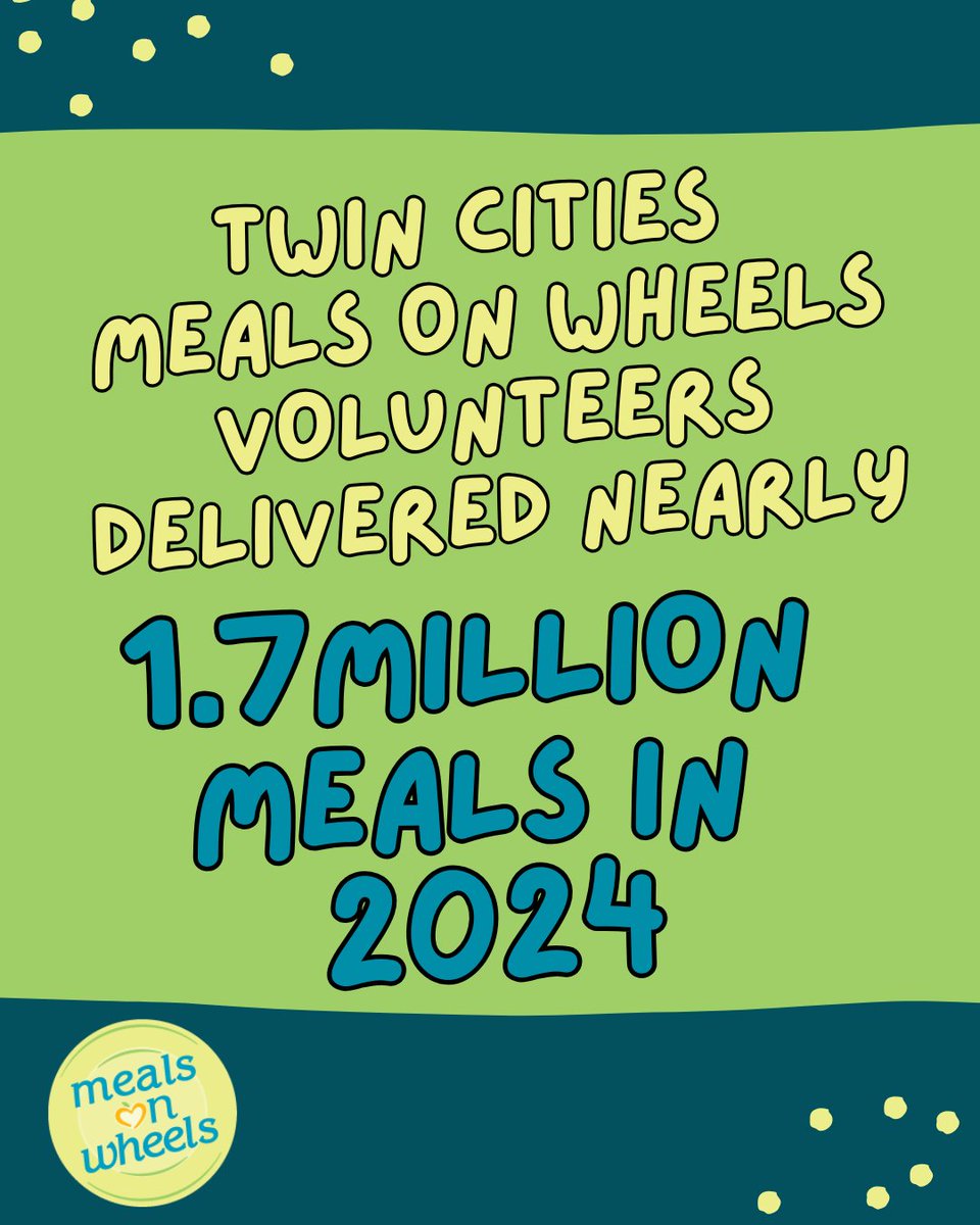 Twin Cities Meals on Wheels volunteers delivered nearly 1.7 MILLION meals and smiles in 2024! That is amazing.

Thank you to every person who shared their lunch hour to bring nutritious food and a social connection to your neighbors.