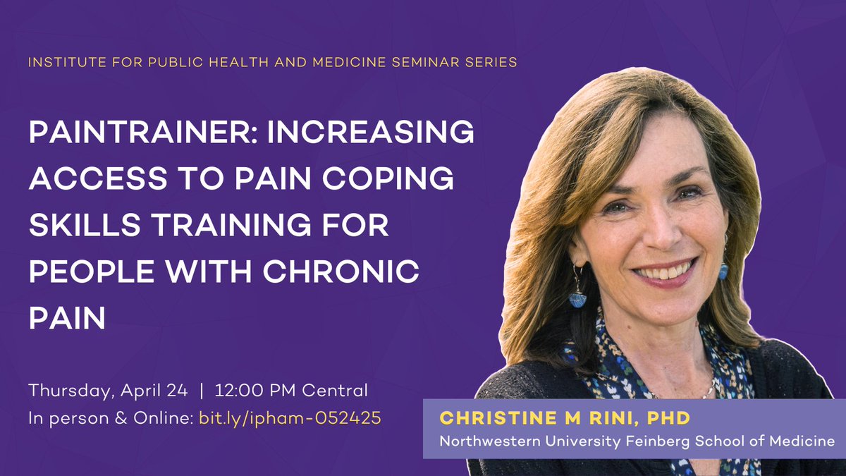 Public Health & Medicine (IPHAM) @NorthwesternU (@nu_ipham) on Twitter photo 🔔Join us this Thursday!🔔
painTRAINER: Increasing access to pain coping skills training for people with chronic pain
🎙️ Christine M Rini, PhD
🗓️04/24
⏰12:00PM CT
🖥️In person and online
northwestern.zoom.us/webinar/regist…
<a href="/Rsbeidas/">Rinad Beidas, PhD</a> 🔔Join us this Thursday!🔔
painTRAINER: Increasing access to pain coping skills training for people with chronic pain
🎙️ Christine M Rini, PhD
🗓️04/24
⏰12:00PM CT
🖥️In person and online
northwestern.zoom.us/webinar/regist…
<a href="/Rsbeidas/">Rinad Beidas, PhD</a>
