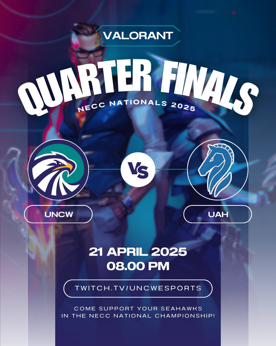 Join us tonight at 8pm EST where UNCW takes on The UAH Chargers in the NECC Nationals quarter-finals. The match will be streamed on twitch.tv/uncwesports so be sure to stop by and show your support for UNCW!

#esports #valorantgame #playvalorant #valorantesports #valorantstream