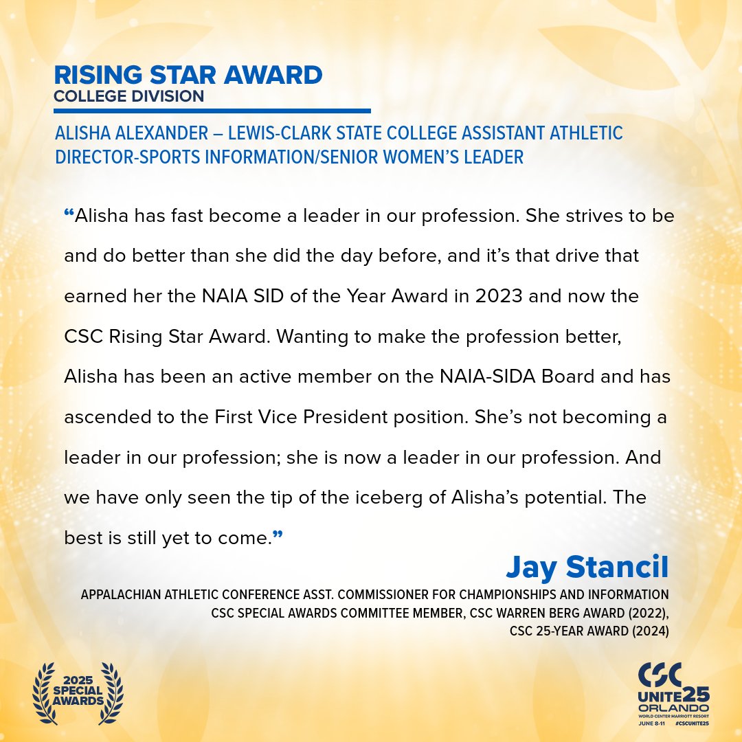 College Sports Communicators (@collsportscomm) on Twitter photo Hearing from Jay Stancil (<a href="/jaystancil/">Jay Stancil</a>), <a href="/AACsports/">AAC Sports</a> Assistant Commissioner and CSC Special Awards Committee member, past Warren Berg Award recipient (2022), and past 25-Year Award recipient (2024), on 2025 CSC Rising Star Award College Division recipient Alisha Alexander Hearing from Jay Stancil (<a href="/jaystancil/">Jay Stancil</a>), <a href="/AACsports/">AAC Sports</a> Assistant Commissioner and CSC Special Awards Committee member, past Warren Berg Award recipient (2022), and past 25-Year Award recipient (2024), on 2025 CSC Rising Star Award College Division recipient Alisha Alexander