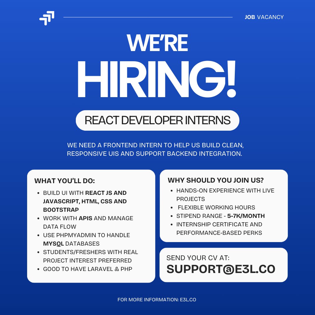 e3l_learning's tweet image. 🚀We&apos;re hiring React Developer Interns!

Know React, JS, HTML, CSS, Bootstrap, MySQL? Join us for real-world projects + ₹5K–7K/month stipend.
💻 Bonus: Laravel/PHP
📩 Mail CV: support@e3l.co

#ReactJS #FrontendIntern #Internship2025 #WebDev #JavaScript