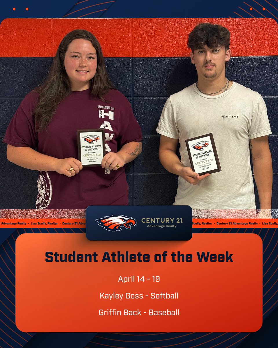 Eagles fans, help us in congratulating Kayley Goss from Softball &amp; Griffin Back from Baseball on being recipients of the MSHS Student Athlete of the Week (4/14 - 4/19) presented by Century 21 Advantage Realty - Lisa Scully, Realtor