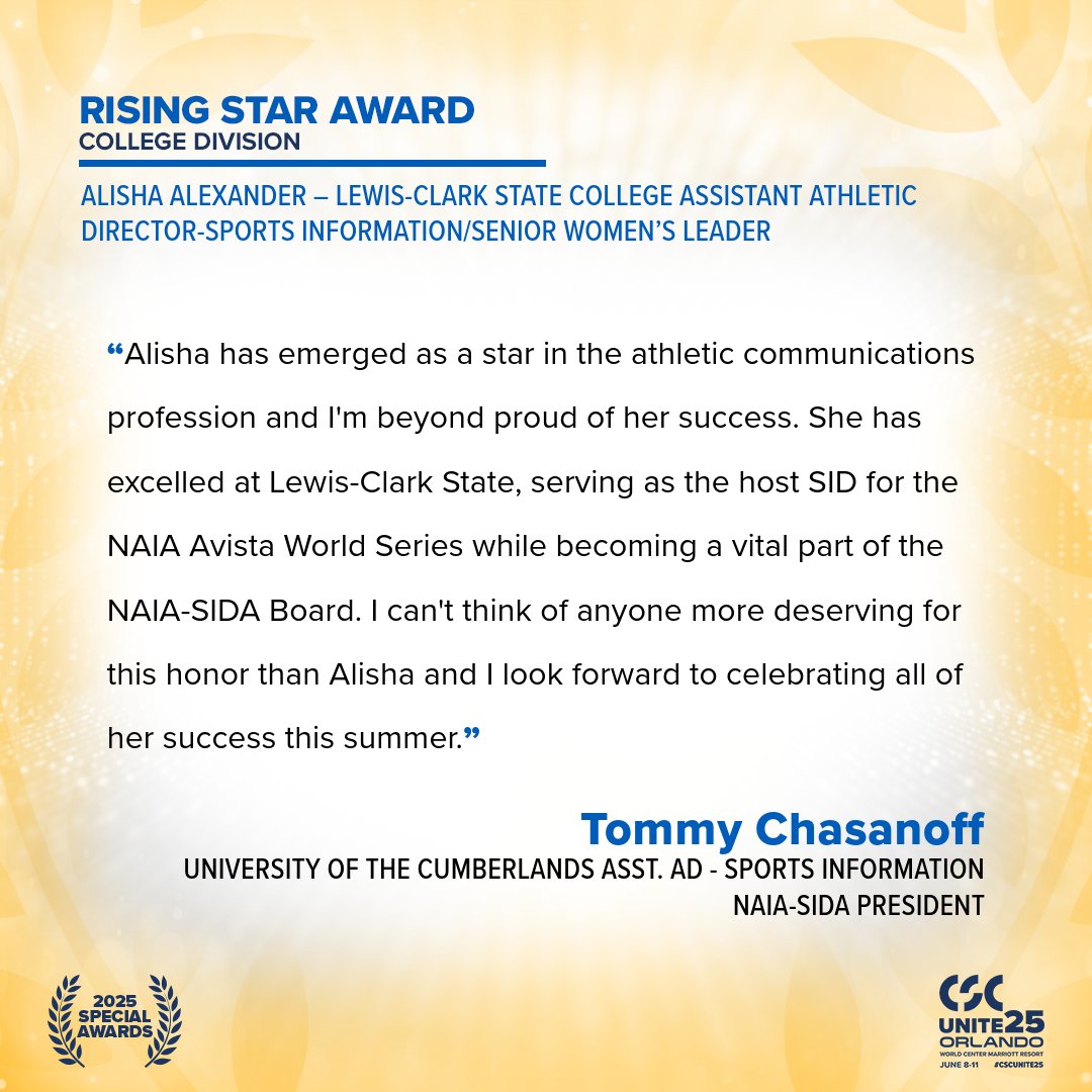 College Sports Communicators (@collsportscomm) on Twitter photo More on 2025 CSC Rising Star Award College Division recipient Alisha Alexander (<a href="/lishabug24/">Alisha Alexander</a>) of <a href="/LCWarriors/">LC State Warriors</a> from <a href="/NAIASIDA/">NAIA-SIDA</a> President and <a href="/UC_Patriots/">UC Athletics</a> Assistant AD, Tommy Chasanoff (<a href="/TommyChasanoff/">Tommy Chasanoff</a>): More on 2025 CSC Rising Star Award College Division recipient Alisha Alexander (<a href="/lishabug24/">Alisha Alexander</a>) of <a href="/LCWarriors/">LC State Warriors</a> from <a href="/NAIASIDA/">NAIA-SIDA</a> President and <a href="/UC_Patriots/">UC Athletics</a> Assistant AD, Tommy Chasanoff (<a href="/TommyChasanoff/">Tommy Chasanoff</a>):