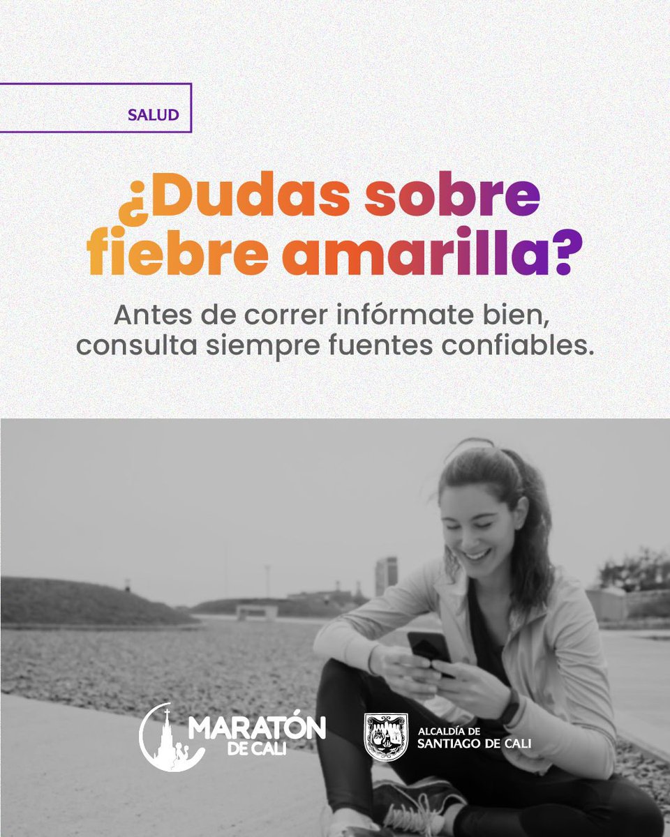 Secretaría de Salud Pública de Cali (@saludcali) on Twitter photo ¡La ciudad está lista para recibirte con toda en la <a href="/maratondecali/">Maraton de Cali</a>!🏃🏾♀️🏃🏼♂️
¿Preocupado por la fiebre amarilla?🤒🦟
Tú tranquilo, estamos preparados. No hay fiebre amarilla, pero sí mucho compromiso por cuidar tu salud.
¡Vacúnate y corre informado!
#MaratónDeCali2025 ¡La ciudad está lista para recibirte con toda en la <a href="/maratondecali/">Maraton de Cali</a>!🏃🏾♀️🏃🏼♂️
¿Preocupado por la fiebre amarilla?🤒🦟
Tú tranquilo, estamos preparados. No hay fiebre amarilla, pero sí mucho compromiso por cuidar tu salud.
¡Vacúnate y corre informado!
#MaratónDeCali2025
