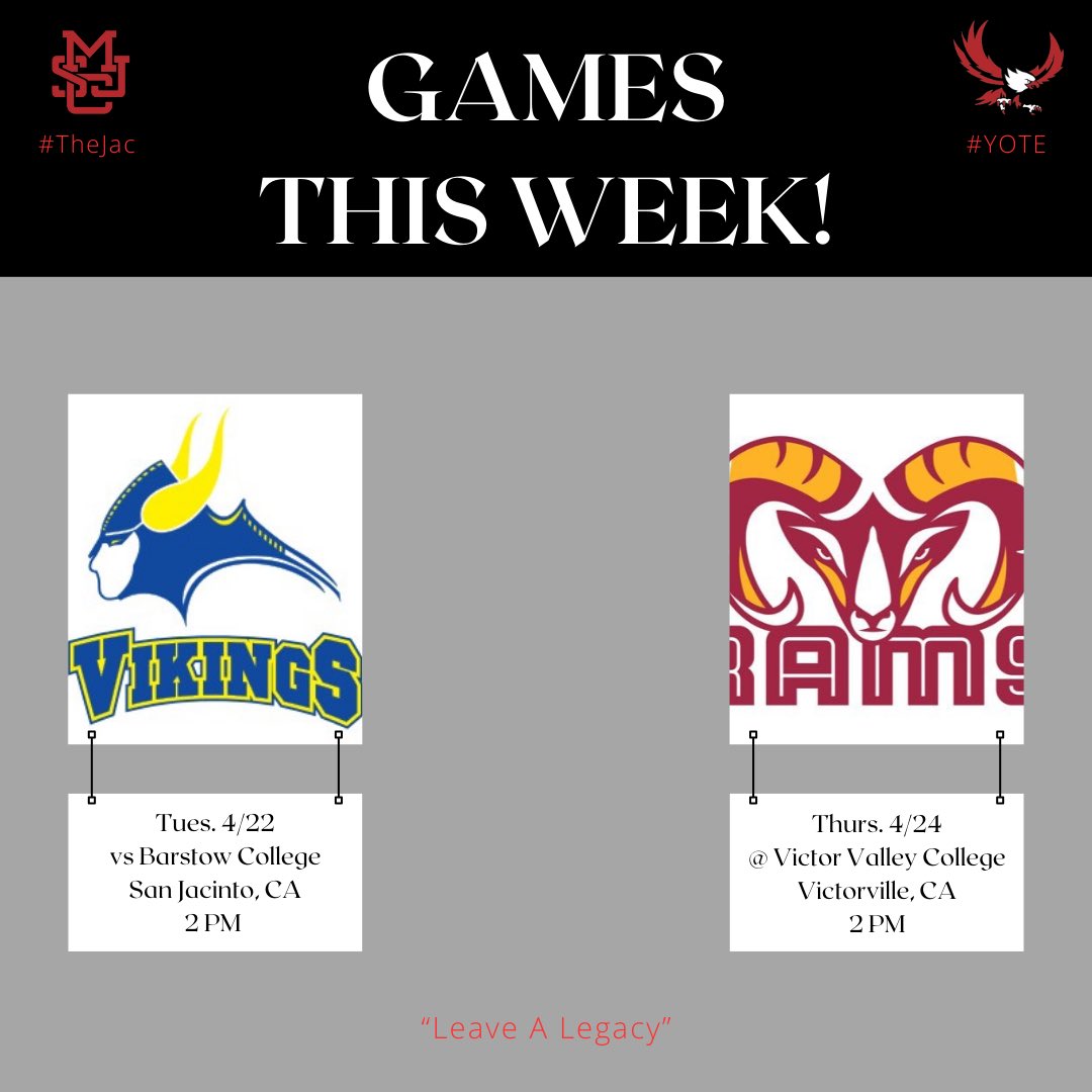 Mt. San Jacinto College Baseball (@msjcbaseball) on Twitter photo ๐จ๐๐๐๐ค๐ฅ๐ฒ ๐๐๐ฆ๐ ๐๐๐ก๐๐๐ฎ๐ฅ๐๐จ
โข ๐๐ฎ๐๐ฌ. ๐/๐๐ - (<a href="/Barstow_College/">Barstow Community College</a>)
โข ๐๐ก๐ฎ๐ซ๐ฌ. ๐/๐๐ - (<a href="/VVC_RAMS/">VVC Athletics</a>)
#TheJac || #YOTE
๐ฆ
๐จ๐๐๐๐ค๐ฅ๐ฒ ๐๐๐ฆ๐ ๐๐๐ก๐๐๐ฎ๐ฅ๐๐จ
โข ๐๐ฎ๐๐ฌ. ๐/๐๐ - (<a href="/Barstow_College/">Barstow Community College</a>)
โข ๐๐ก๐ฎ๐ซ๐ฌ. ๐/๐๐ - (<a href="/VVC_RAMS/">VVC Athletics</a>)
#TheJac || #YOTE
๐ฆ