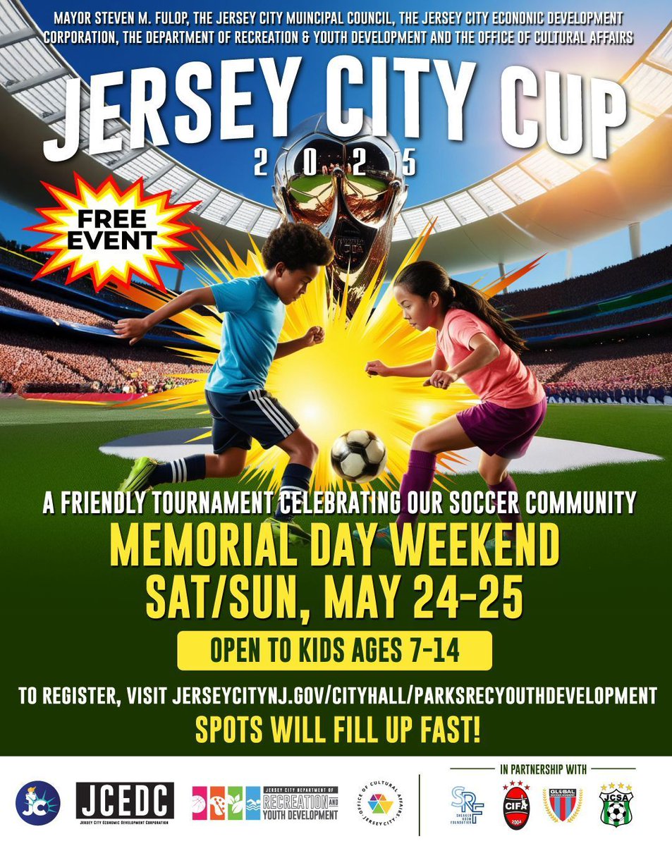 Join us Memorial Day Weekend (May 24–25) for the Jersey City Cup — a FREE youth soccer tournament celebrating our amazing soccer community! 🏆

May 24–25 (Memorial Day Weekend)
Ages 7–14
FREE youth soccer tournament!
Register now: bit.ly/JerseyCityCup2…

#JerseyCity