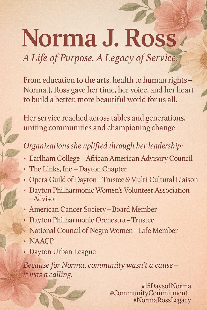 PinkRibbonDrive's tweet image. Norma J. Ross uplifted her community through service and leadership. 💬 Share your memories of her using #15DaysOfNorma! #NormaRossLegacy #CommunityCommitment #DaytonStrong #BlackWomenLead #CivicLeadership #15DaysOfNorma #LegacyInAction