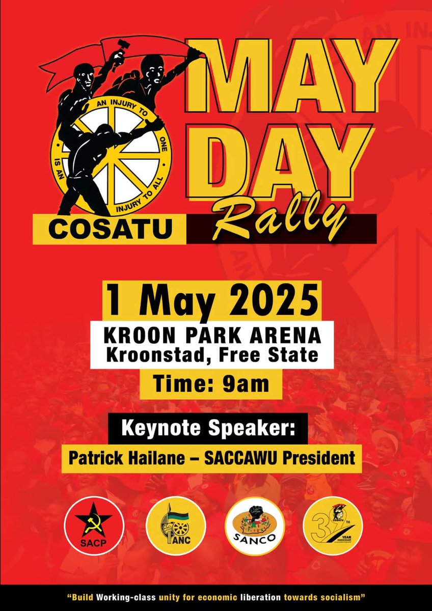 _cosatu's tweet photo. Media Alert: 
#COSATUMayRallies will be held in nine provinces on #May1 at Middelburg, #Mdantsane #Zeerust, #Polokwane, #Durban, #Kuruman, #CapeTown, #Kroonstad, and #Sharpeville @Lesedifm https://t.co/inNKl3RHZQ