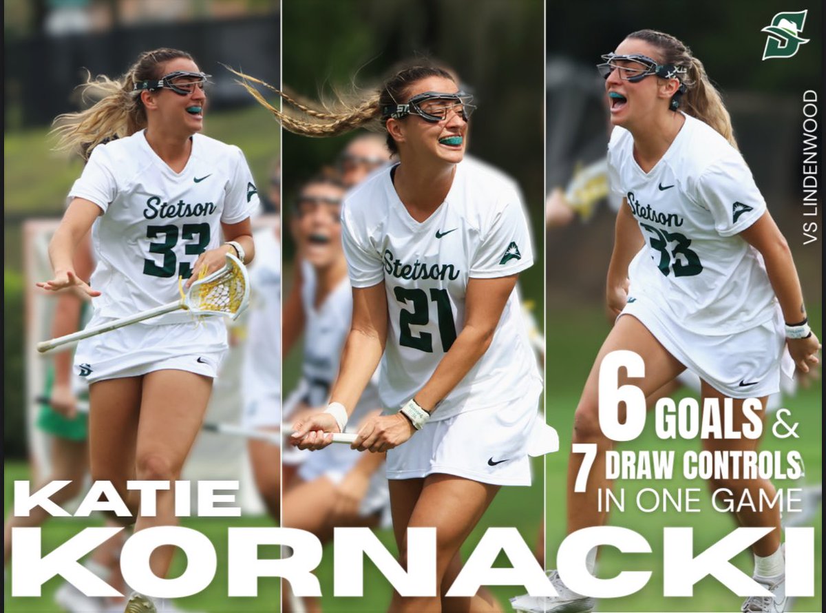 StetsonLacrosse's tweet image. Katie Kornacki had 6 Goals & 7 Draw Controls in Saturdayโs Game VS Lindenwood!