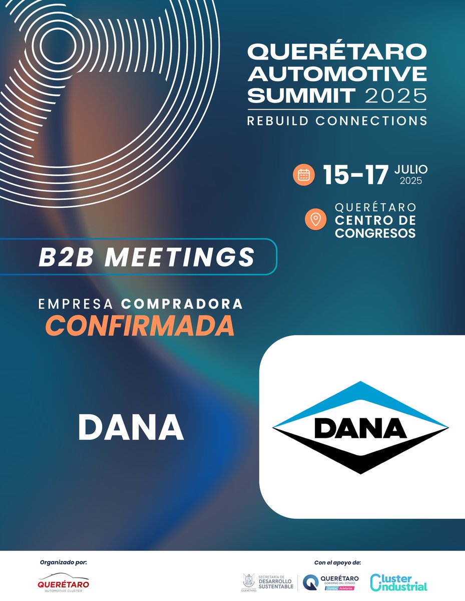 📢 EMPRESA COMPRADORA CONFIRMADA: DANA
¡Conecta en el Querétaro Automotive Summit 2025!

📌 ¿Te interesa hacer networking?

🌐Consulta la página oficial para más información:
qroautomotive.events/events/Automot…

#QueretaroAutomotiveSummit2025 #B2B