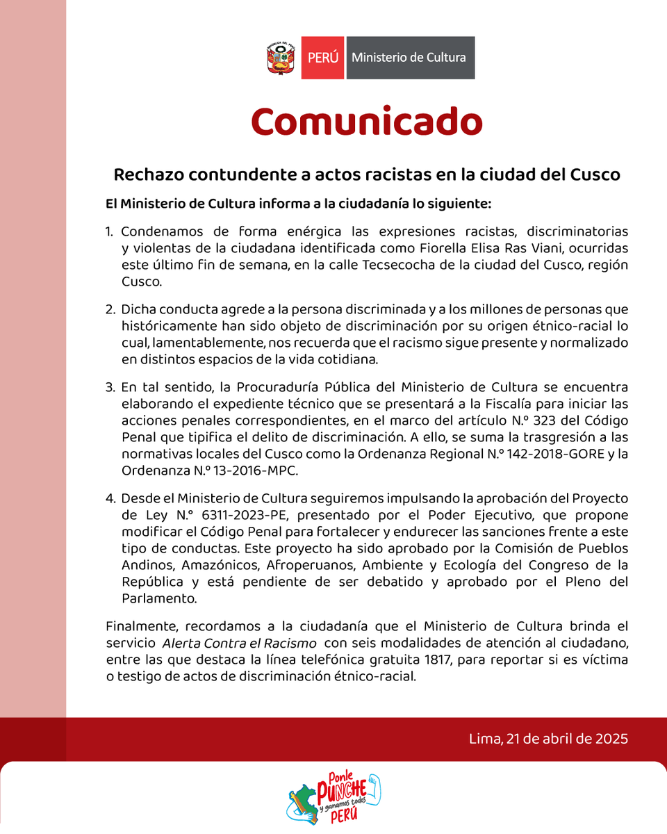 #COMUNICADO 📢 |  Rechazo contundente a actos racistas en la ciudad del Cusco. 
#AlertaContraElRacismo
