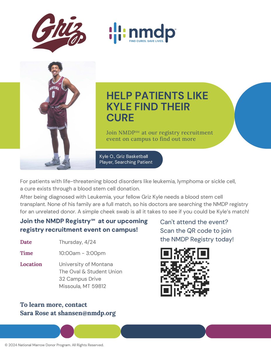 Montana Griz Football (@montanagrizfb) on Twitter photo ๐จ Be on the lookout! ๐จ
It's time for our annual <a href="/nmdp_org/">NMDP</a> registration drive to support the <a href="/TalleyBoneMarro/">Andy Talley Bone Marrow Foundation</a> foundation!
The Griz will be on the <a href="/umontana/">University of Montana</a> campus ๐๐ก๐ฎ๐ซ๐ฌ. ๐๐ฉ๐ซ๐ข๐ฅ ๐๐ between 10 am - 3 pm helping save lives!
๐ฐ gogriz.com/news/2025/4/21โฆ
#GoGriz ๐จ Be on the lookout! ๐จ
It's time for our annual <a href="/nmdp_org/">NMDP</a> registration drive to support the <a href="/TalleyBoneMarro/">Andy Talley Bone Marrow Foundation</a> foundation!
The Griz will be on the <a href="/umontana/">University of Montana</a> campus ๐๐ก๐ฎ๐ซ๐ฌ. ๐๐ฉ๐ซ๐ข๐ฅ ๐๐ between 10 am - 3 pm helping save lives!
๐ฐ gogriz.com/news/2025/4/21โฆ
#GoGriz