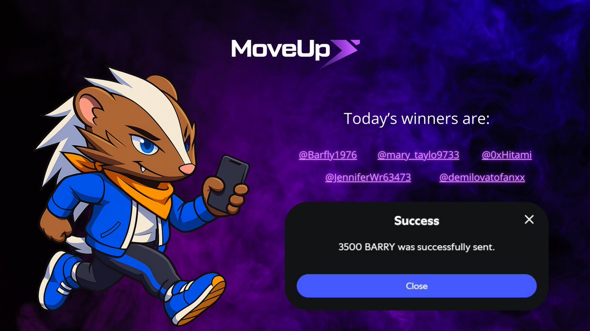 MoveUPapp's tweet image. 🚀 Congratulations to today’s winners! 🎉

@Barfly1976, @mary_taylo9733, @0xHitami, @JenniferWr63473 &amp;amp; @demilovatofanxx have successfully received their $BARRY tokens from @barrycoinbase! 🦡💰🔥

Keep moving, keep earning with MoveUp!
More rewards are on the way — are you next?…