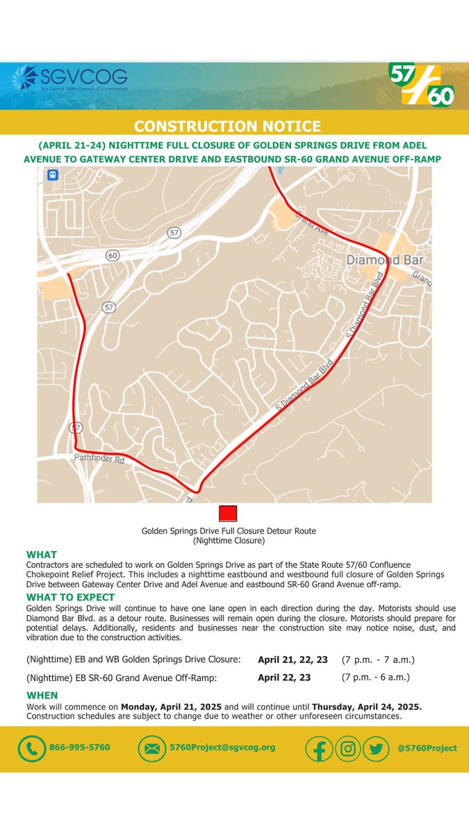 🚧CONSTRUCTION NOTICE: Nighttime closure of Golden Springs Dr. between Gateway Cities Dr and Adel Ave on April 21-24 🚧

When: 7pm - 7am nighttime closure

What to Expect: Full closure of eastbound and westbound Golden Springs Dr. Use Diamond Bar Blvd as a detour route.