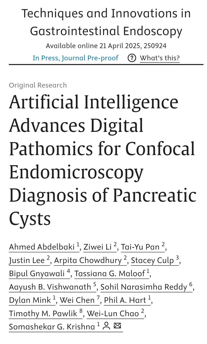 Ahmed Abdelbaki (@ahmed1abdelbaki) on Twitter photo 🛑 CAN AI HELP WITH THE MANAGEMENT OF PANCREATIC CYSTIC LESIONS ?
➡️ Yes, it sure can!
Check our latest publication and see how machine learning can help with the interpretation of a moving imaging modality like nCLE.
sciencedirect.com/science/articl…
Thanks to my mentor <a href="/som_krishna/">Somashekar Krishna, MD, MPH</a> 🛑 CAN AI HELP WITH THE MANAGEMENT OF PANCREATIC CYSTIC LESIONS ?
➡️ Yes, it sure can!
Check our latest publication and see how machine learning can help with the interpretation of a moving imaging modality like nCLE.
sciencedirect.com/science/articl…
Thanks to my mentor <a href="/som_krishna/">Somashekar Krishna, MD, MPH</a>