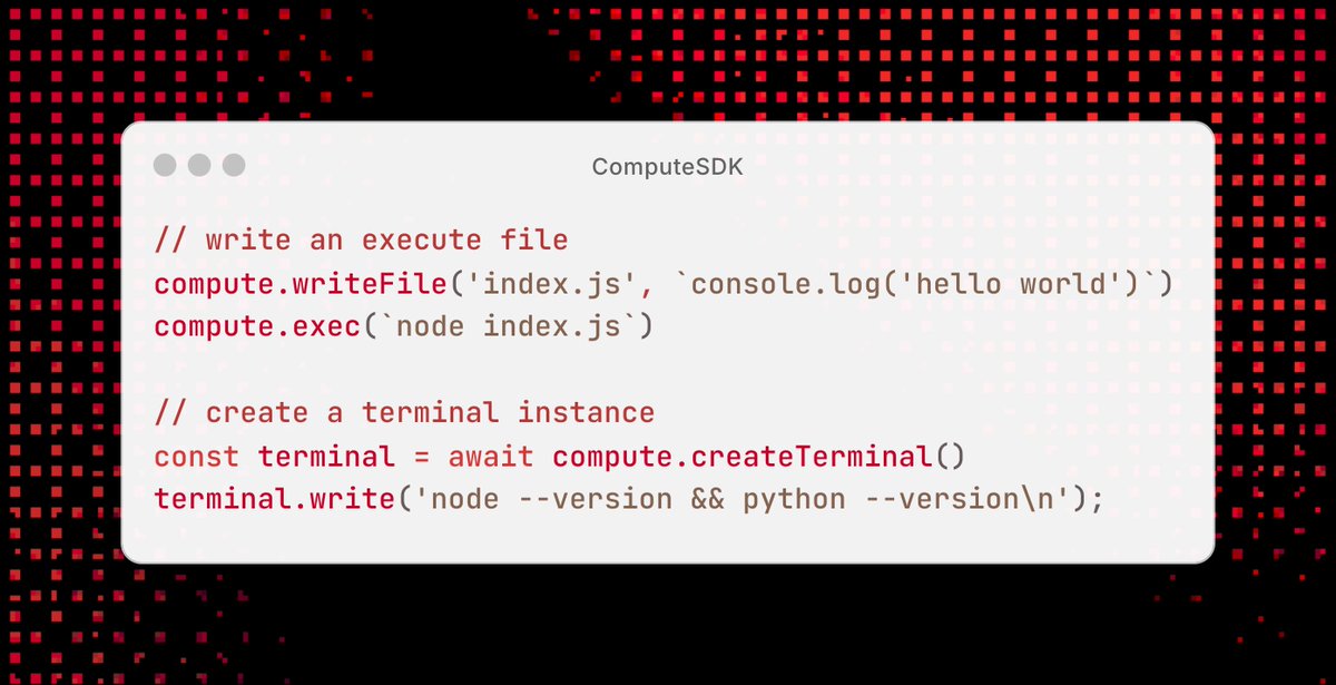 HeyGarrison's tweet image. Today I'm super stoked to announce @ComputeSDK — a developer-first primitive to embed compute into your app, agent, or network with the ability to connect from the browser directly.
But first, a story...
