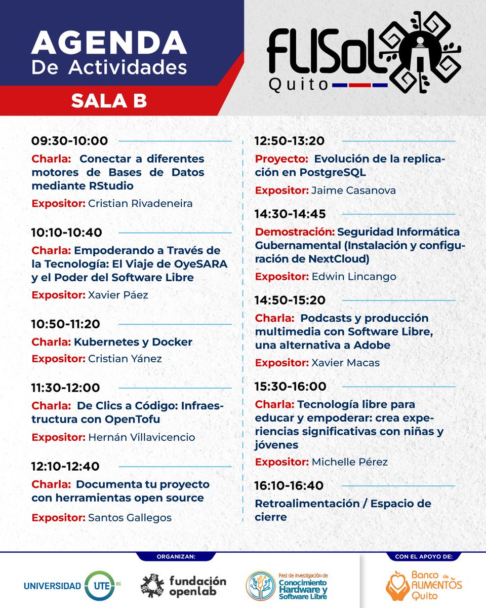 OpenlabEc's tweet image. 💻 ¿Te interesa la Inteligencia Artificial y el Software Libre?

#FLISOLQuito2025 en la @UTEoficial  este sábado 26 de abril.

Tendremos 3 salas con charlas, talleres y demos:
1⃣ IA con LLMs open source
2⃣ Infraestructura libre (Kubernetes, PostgreSQL, OpenTofu)
3⃣ Privacidad,…