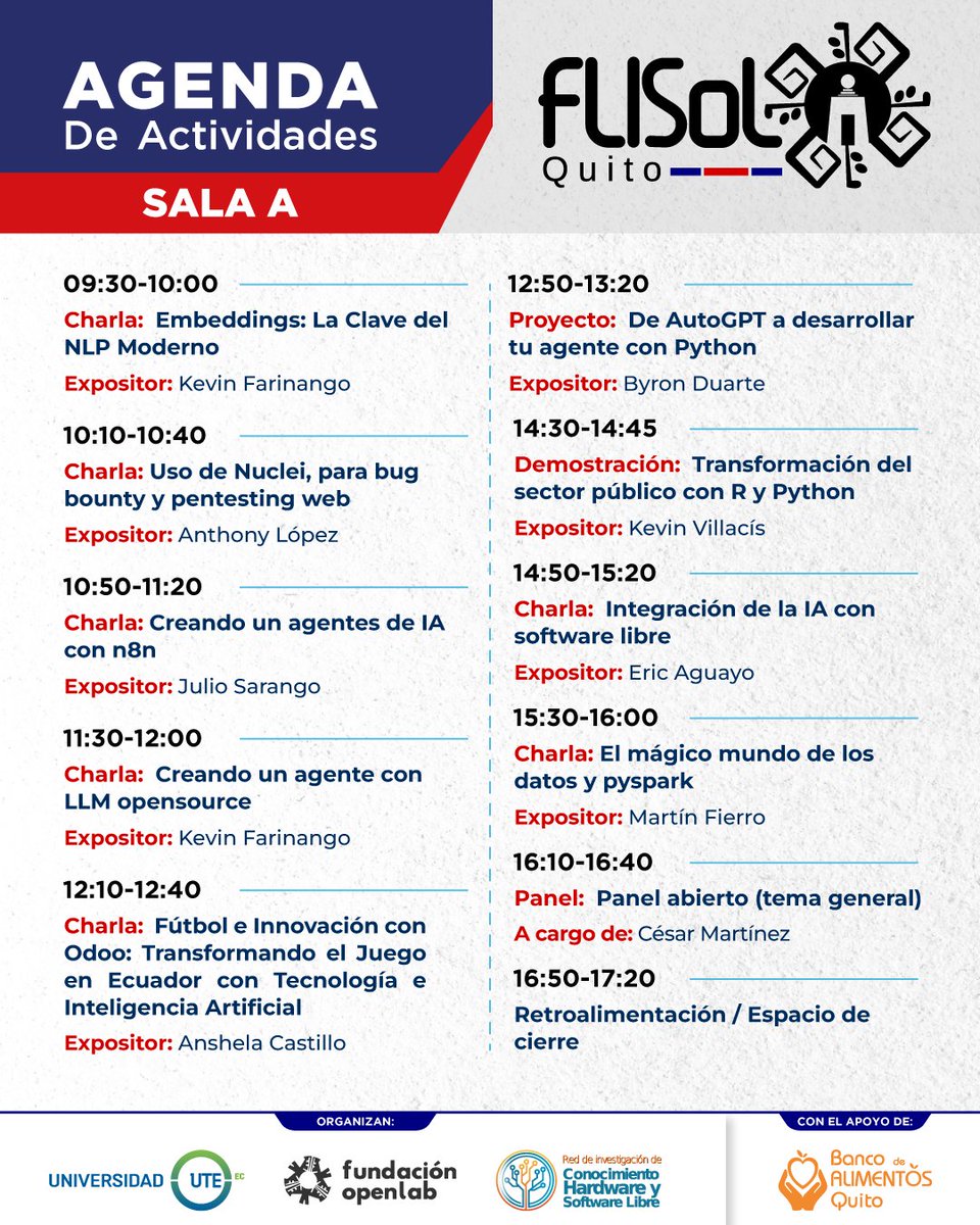 OpenlabEc's tweet image. 💻 ¿Te interesa la Inteligencia Artificial y el Software Libre?

#FLISOLQuito2025 en la @UTEoficial  este sábado 26 de abril.

Tendremos 3 salas con charlas, talleres y demos:
1⃣ IA con LLMs open source
2⃣ Infraestructura libre (Kubernetes, PostgreSQL, OpenTofu)
3⃣ Privacidad,…