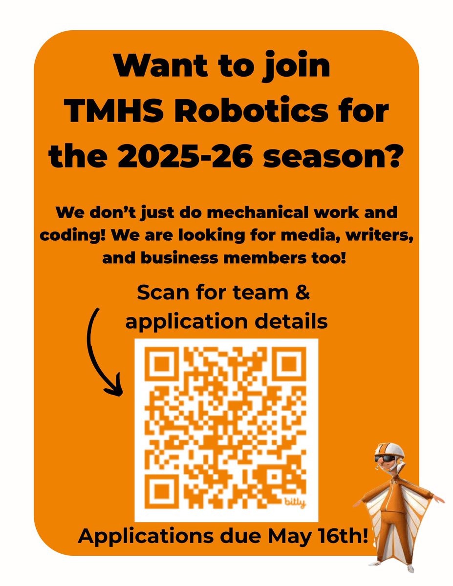TMHS_Robotics (@tmhsrobotics) on Twitter photo Current 8th-11th grade students attending TMHS next yr, join us for the 2025-26 season and help us steal the moon! New member applications due May 16th, see link for info. 🧡🌕🎮🦾🔥 <a href="/TISDGLJHS/">Grand Lakes Junior High</a> <a href="/TISDWWJHS/">Willow Wood Junior High</a> Current 8th-11th grade students attending TMHS next yr, join us for the 2025-26 season and help us steal the moon! New member applications due May 16th, see link for info. 🧡🌕🎮🦾🔥 <a href="/TISDGLJHS/">Grand Lakes Junior High</a> <a href="/TISDWWJHS/">Willow Wood Junior High</a>