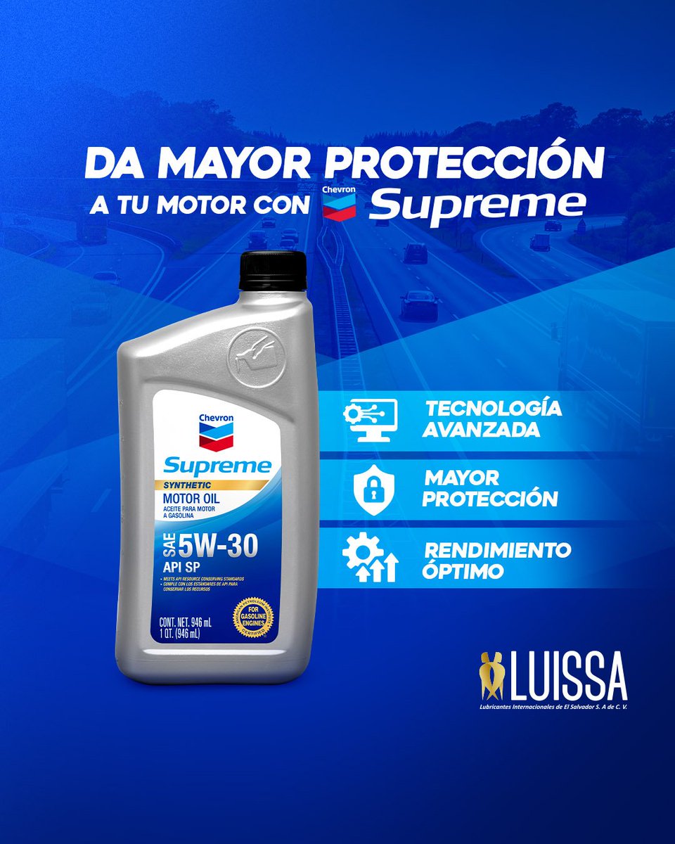 Luissa_sv's tweet photo. Ahora que ya lo sabes ¡hazlo el mejor aliado de tu motor👌🏻!

Contáctanos al 7924-7463📲 para más información.

#LUISSA
#CHEVRON
#SUPREME
#SupremeSynthetic5W30 https://t.co/87n67Yk2cY