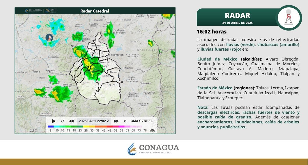 Se muestran #Lluvias, #Chubascos y lluvias fuertes en alcaldías de la #CDMX y regiones del #EdoMéx.