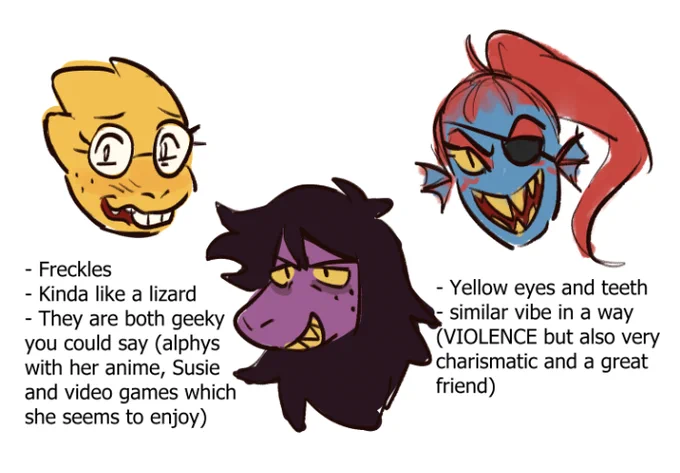 No, but like, drawing this and planning other stuff, why is susie Design like the perfect mix of Undyne and Alphys, was that on purpose??? 