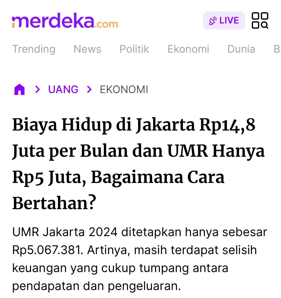 biaya hidup di jakarta: 14,8 juta UMR jakarta: 5 juta

jadi pertanyaannya bukan gimana lo bertahan. tapi gimana sistem tega pura-pura semuanya baik-baik aja padahal kita semua udah hidup dari utang, ngirit, dan mental breakdown.

(1/5)