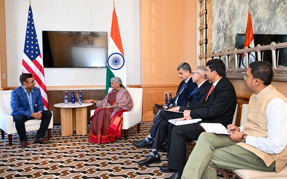 Ministry of Finance (@finminindia) on Twitter photo Union Minister for Finance and Corporate Affairs Smt. <a href="/nsitharaman/">Nirmala Sitharaman</a> met Mr <a href="/Saha_Deban/">Debanjan Saha</a>, CEO <a href="/DataRobot/">DataRobot</a>, in San Francisco, today.
FM <a href="/nsitharaman/">Nirmala Sitharaman</a> underlined the steps that the Government of India has taken over years to boost digital infrastructure, including budgeting Rs. 10,300 Union Minister for Finance and Corporate Affairs Smt. <a href="/nsitharaman/">Nirmala Sitharaman</a> met Mr <a href="/Saha_Deban/">Debanjan Saha</a>, CEO <a href="/DataRobot/">DataRobot</a>, in San Francisco, today.
FM <a href="/nsitharaman/">Nirmala Sitharaman</a> underlined the steps that the Government of India has taken over years to boost digital infrastructure, including budgeting Rs. 10,300