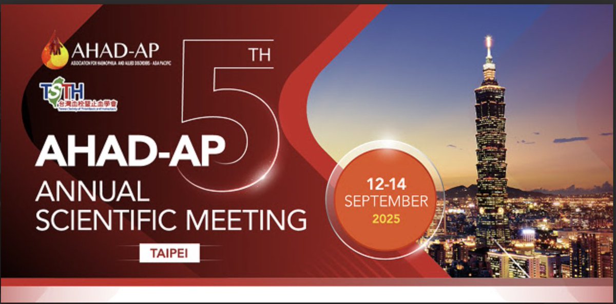 AHADAP_News's tweet photo. 📢 Registration is now open for the 5th AHAD-AP Annual Scientific Meeting!
📍 Taipei | 🗓️ September 12–14, 2025
Connect with experts across the Asia-Pacific region to discuss new therapies and ongoing challenges in haemophilia care. https://t.co/00drjAtEnc
