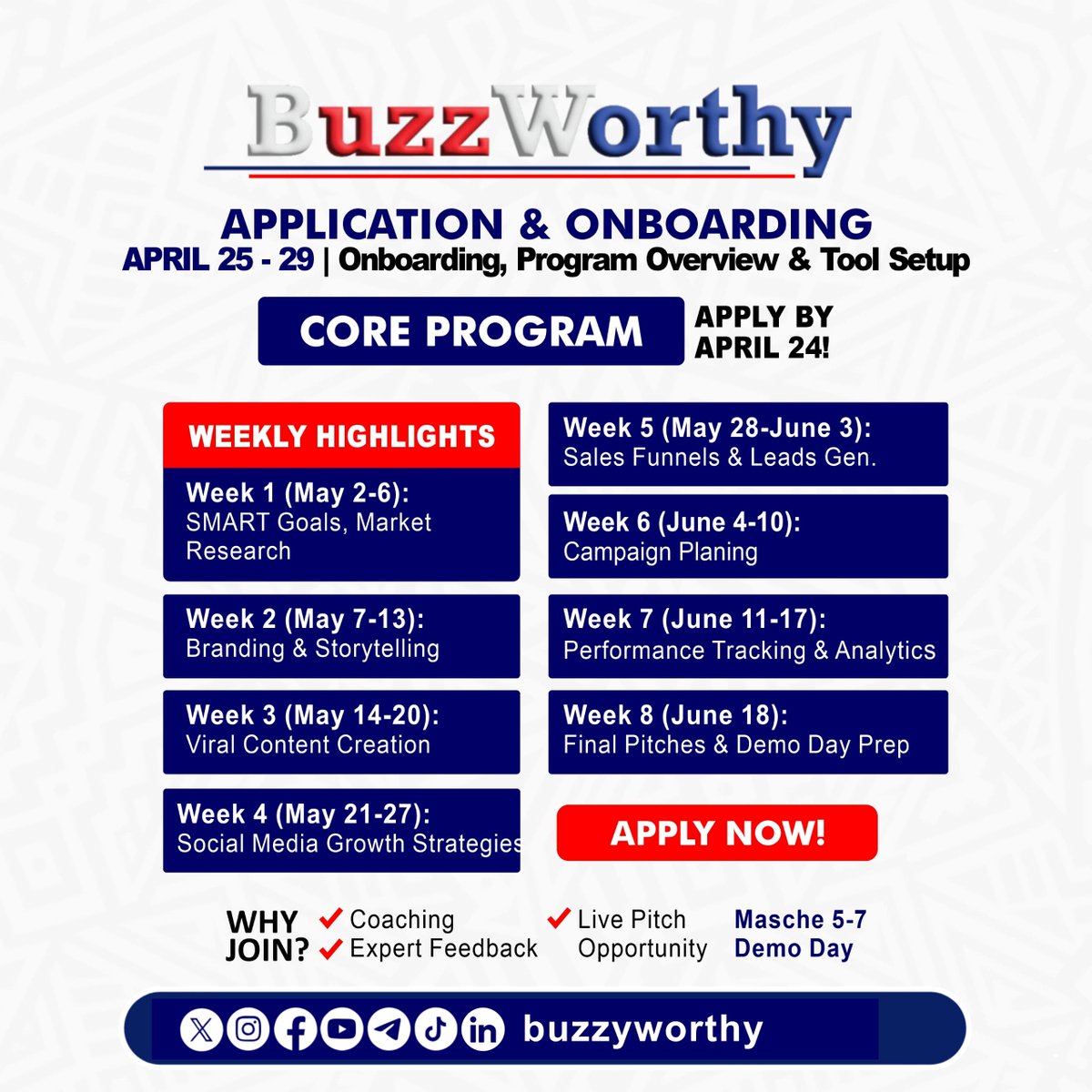 BuzzworthyDM's tweet photo. 🚀 50 Days to Transform Your Business!
Join our fast-track program for early-stage entrepreneurs   packed with workshops, 1:1 coaching, actionable tools &amp; a final Demo Day to shine! 💡🎯
🗓️ Starts April 21.
🏆 Prizes, mentorship &amp; support await!
#StartupGrowth #50DayChallenge https://t.co/UYPBrbjBjY