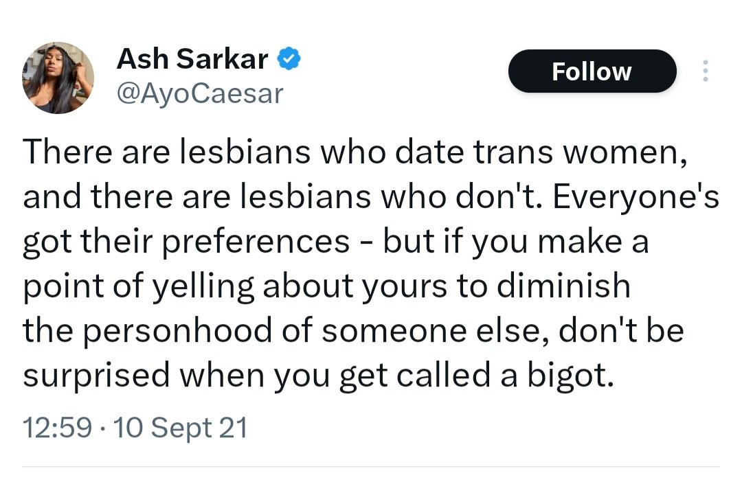 Ash cares nothing about the safety &amp; dignity of lesbians.

She gets her kicks telling us to shut up about our same sex attraction for the sake of diversity, or expect to be branded bigots.

She needs reminding that homosexuality is no longer the love that dare not speak its name.
