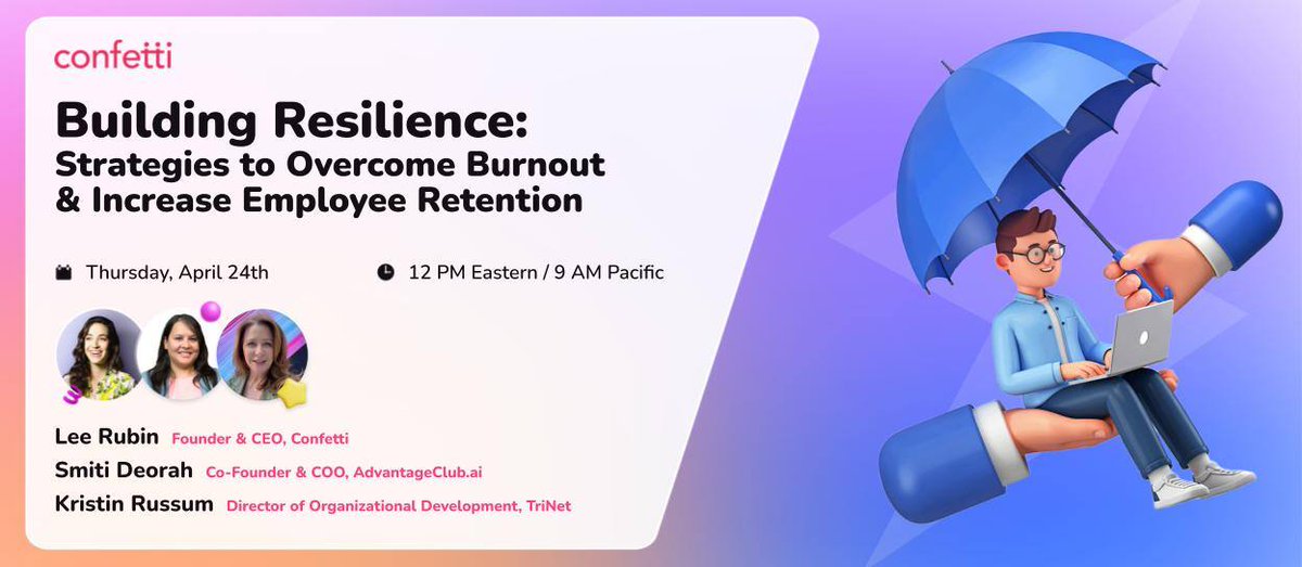 Have you signed up for our webinar yet? 🥳

On Thursday, January 30th at 12 PM EST / 9 AM PST, Confetti CEO &amp; Founder, Lee Rubin will be joined by a panel of HR leaders to share insights on how to overcome burnout in the remote workplace.

Sign up here 👉 share.withconfetti.com/4cGUtbD