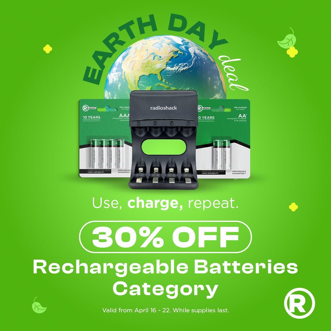 Explore sustainable tech options at radioshack.com  

Save 30% on rechargeable batteries. Use, charge, repeat:
radioshack.com/c/batteries-ch…

 #EarthDay #SustainableTech #RadioShack