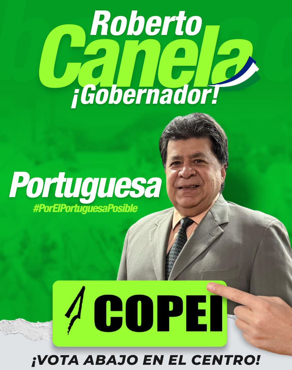 Roberto Canela es nuestro abanderado a la Gobernación del estado Portuguesa 🟢
 
Con unidad y respeto a la diversidad de opiniones, reconstruiremos la verdadera democracia que necesita con urgencia nuestra amada Venezuela 

Por el Portuguesa Posible , Vota Abajo y en el Centro.📥