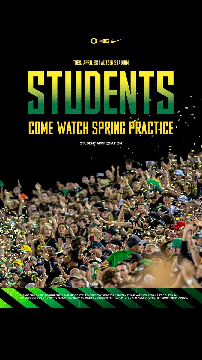 🚨 UO STUDENTS 🚨

Come watch spring practice tomorrow in Autzen Stadium! Must be a current Oregon student with a UO ID. 

Register here ➡️ tinyurl.com/7zk84dzd

#GoDucks