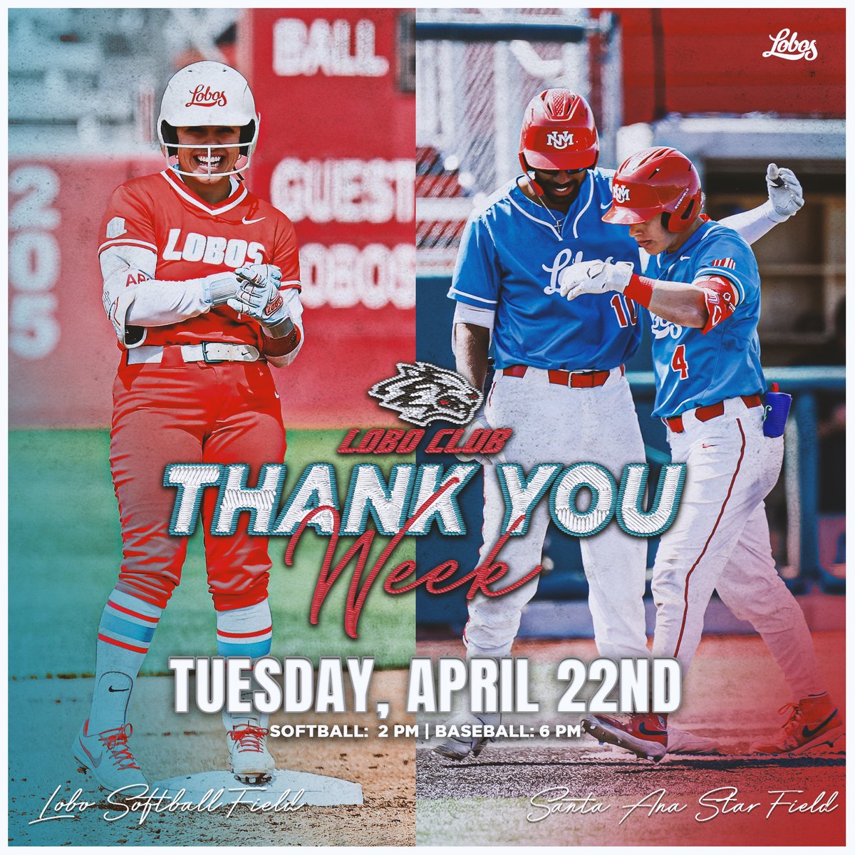 It's Thank You Week! Let's have some fun!

Join us in supporting Lobo Softball &amp; Baseball tomorrow! Our Lobo Club members will have exclusive access to tickets, giveaways, &amp; vouchers!

We appreciate all your generosity and can't wait to see you there!

#GoLobos #505SVF