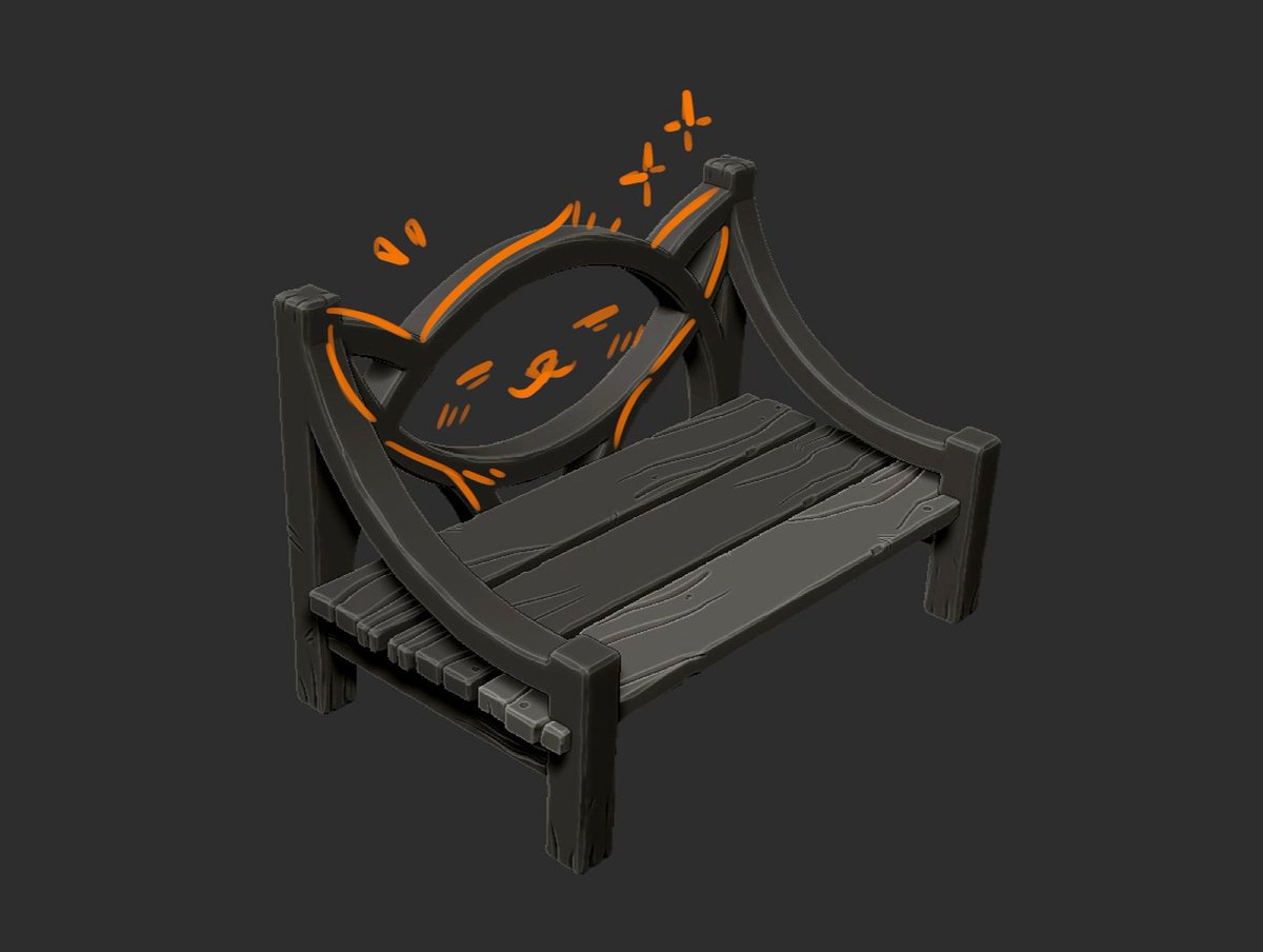 Cute little (and spacious 🫡✨) cartoon kitty bench that I'm working on for <a href="/Broken__Atom/">Broken Atom Oficial</a> !

This one is part of a wooden prop set, can't wait to see it with the rest of the furniture 🪵

#indiegame #indiedev #stylized #3dart