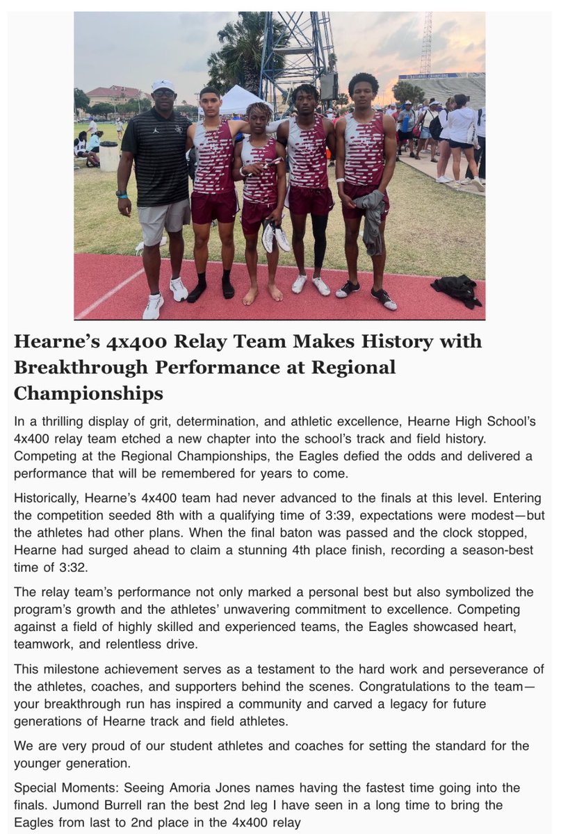 Coach Lewis Edmonson M.Ed. (@coach_edmonson) on Twitter photo Things didn't go the way we wanted at Regionals but we came back home to the news of creating history for our track program. First time ever making the regional finals in the 4x400 and placing 4th . Congrats <a href="/HTEAGLETRACK/">Hearne Eagle Track & Field</a> <a href="/KBTXRusty/">🚨 Rusty Surette</a> <a href="/TTFCA/">TTFCA</a> <a href="/MikeCunningham/">I ❤️ T&F Coaches!</a> <a href="/kbtxsports/">KBTX Sports</a> Things didn't go the way we wanted at Regionals but we came back home to the news of creating history for our track program. First time ever making the regional finals in the 4x400 and placing 4th . Congrats <a href="/HTEAGLETRACK/">Hearne Eagle Track & Field</a> <a href="/KBTXRusty/">🚨 Rusty Surette</a> <a href="/TTFCA/">TTFCA</a> <a href="/MikeCunningham/">I ❤️ T&F Coaches!</a> <a href="/kbtxsports/">KBTX Sports</a>
