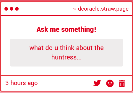 ORACLE_GC's tweet photo. I think a lot of things about Huntress. None of which can be repeated publicly. https://t.co/uu4bax48QI