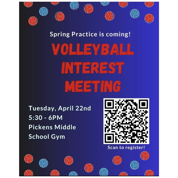 There will be a volleyball interest meeting on Tuesday, April 22 in the Pickens Middle School gym from 5:30 PM to 6:00 PM. Please scan the QR code to register. GO SPARKS! #sparkpride
