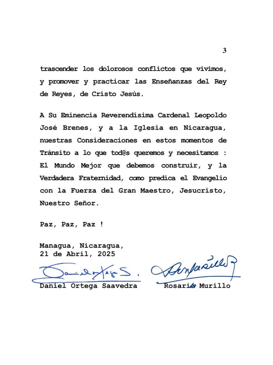 Mensaje de Condolencias del CoPresidente Daniel Ortega Saavedra y la CoPresidenta Rosario Murillo por el fallecimiento del Papa Francisco.