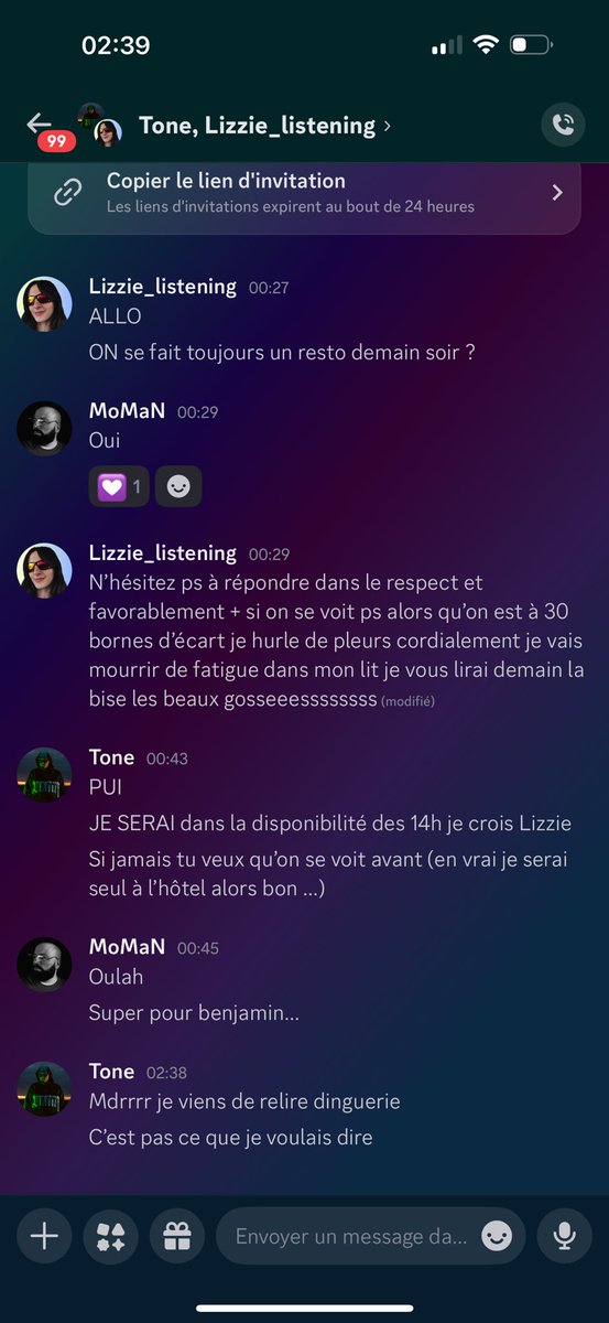 J’ai un ami qui a fait une invitation très bizarre à la copine d’un ami alors qu’ils sont amis…
je sais pas quoi faire ni dire…
Donc faut qu’on parle <a href="/berlutelli/">Berlu</a> par rapport à <a href="/lizzielistening/">—</a> et <a href="/ToneEUW/">Tone</a> 🤣🤣🤣🤣🤣🤣🤣🤣🤣🤣🤣
Mais t’inquiète c’est pour un pote.. 🤭