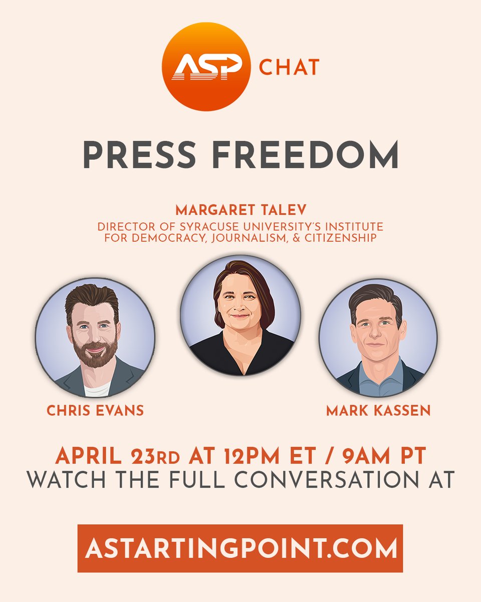 ASP's tweet image. TUNE IN: this Wednesday, 4/23 to hear Chris Evans & @MarkKassen Chat with
@SyracuseIDJC professor Margaret Talev about press freedom and the First Amendment. #ASPChat
Watch here at 12PM ET: astartingpoint.com/chats