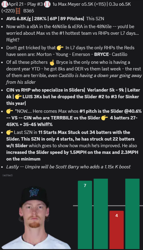 AGGTKEY's tweet photo. ⚾️April 21 - Play #3 A|B⚾️ 

1u Max Meyer o5.5K (+115)| 0.3u 🪜o6.5K (+220) B365 
🎯Don't be fooled - go deeper into the advanced data📈
#MaxMeyer #GamblingX #gamblingtwitter #mlbprops #mlb #DraftKings #prizepicks #whynotme https://t.co/9SYq5UTKt7
