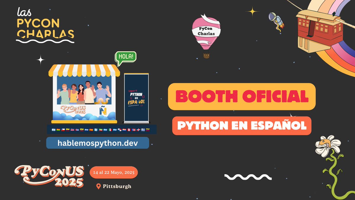 PyCon US Charlas (@pyconcharlas) on Twitter photo 📣¡La comunidad de <a href="/hablemospython/">Python en Español</a> regresa a #PyConUS 2025 con su booth comunitario!
Nos encontrarás en Pittsburgh compartiendo recursos, conectando con asistentes y celebrando el poder de nuestra comunidad. 🐍
🗓️ Charlas: us.pycon.org/2025/schedule/…
#PyConCharlas #PythonEnEspañol 📣¡La comunidad de <a href="/hablemospython/">Python en Español</a> regresa a #PyConUS 2025 con su booth comunitario!
Nos encontrarás en Pittsburgh compartiendo recursos, conectando con asistentes y celebrando el poder de nuestra comunidad. 🐍
🗓️ Charlas: us.pycon.org/2025/schedule/…
#PyConCharlas #PythonEnEspañol