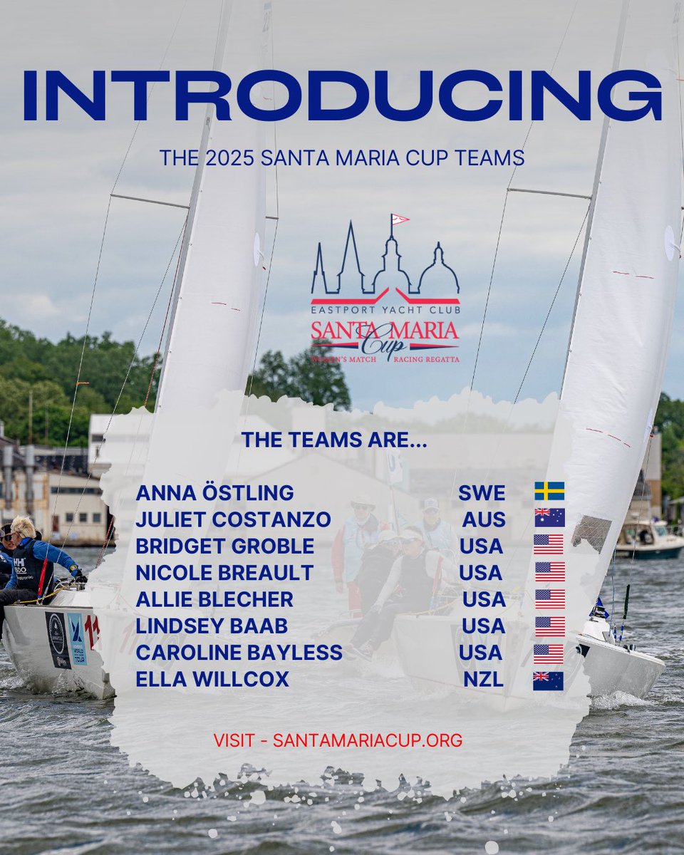 Meet the Lineup.

We're thrilled to introduce the teams competing in the 2025 Santa Maria Cup. 

Help us in welcoming the top Women’s Match Racers who are headed to Annapolis to compete June 4-7th. Who will take the title?

#SantaMariaCup #WWMRT #WomensMatchRacing #Sailing