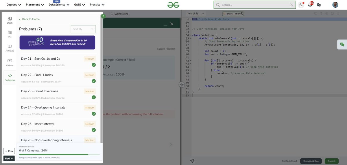 Jeeteshwar07's tweet photo. Day 26 of my GFG 160 journey — solved “Non-overlapping Intervals” today! ❌📆
Greedy + sorting = clean and efficient logic. Loving the problem-solving flow! 🚀
#Day26 #NonOverlappingIntervals #GreedyApproach #SortingDoneRight
#gfg160 #geekstreak2025
@geeksforgeeks https://t.co/hkYwXfHuLU
