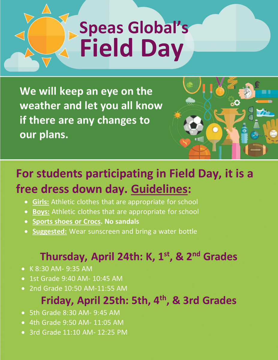 UPDATE! #FieldDay is May 1 or 2. Wear school appropriate athletic clothes, sports shoes, sunscreen, and bring a water bottle. VOLUNTEERS NEEDED! Call the office for details. #WearSunscreen #BeeYourBEST Ask your child's teacher for further details.